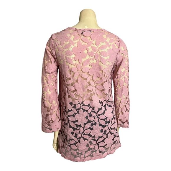 J Valdi Women's Pink Floral Lace 3/4 Sleeve Deep V-Neck Tops Blouse Size Small - Picture 5 of 7